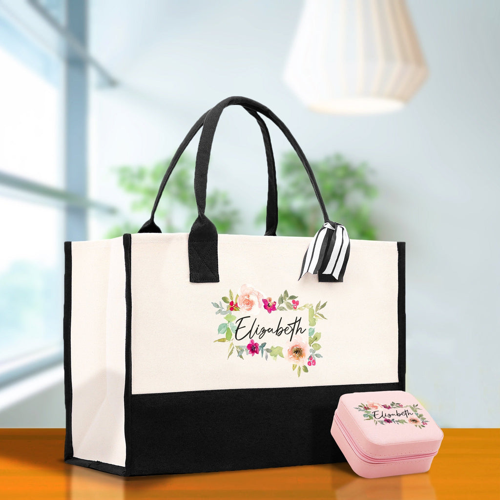 Floral Frame Custom Name Cotton Canvas Tote Bag Personalized Bridesmaid Gift Bag Wedding Birthday Gift Custom Name Tote Maid of Honor Gift