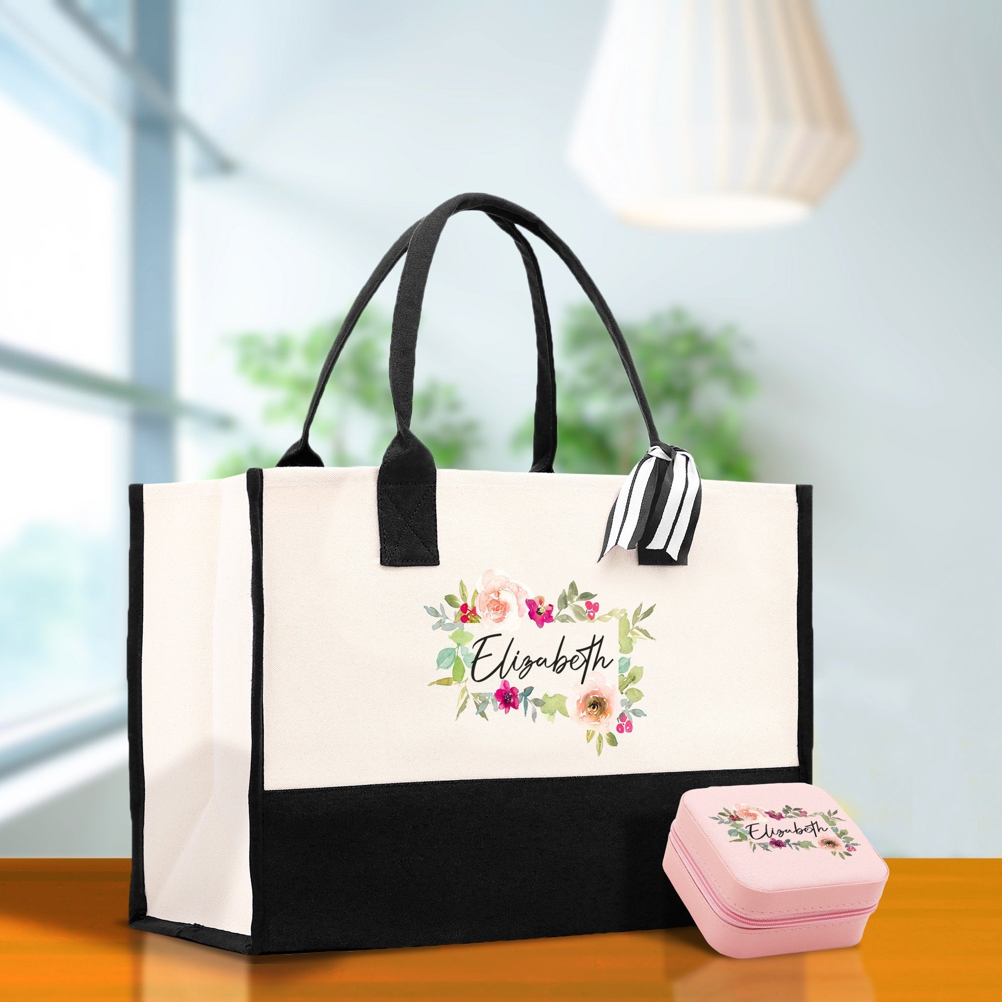 Floral Frame Custom Name Cotton Canvas Tote Bag Personalized Bridesmaid Gift Bag Wedding Birthday Gift Custom Name Tote Maid of Honor Gift