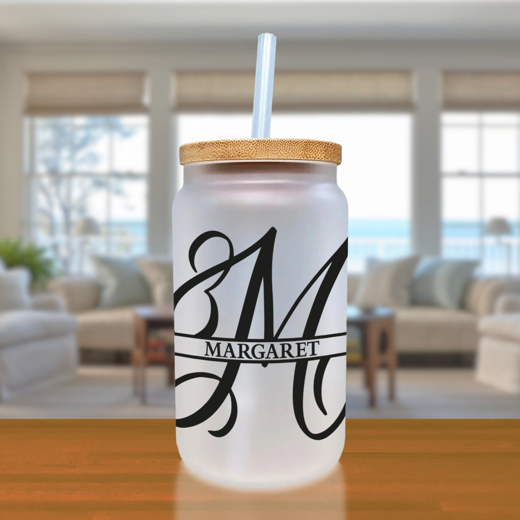 Split Initial and Name Custom Cotton Canvas Tote Bag Personalized Initial Tote Birthday Gift Wedding Gift Jewelry Box Frosted Can Glass Set