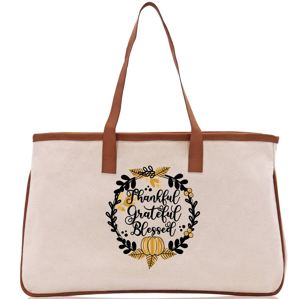 Thankful Grateful Blessed Cotton Canvas Tote Bag Thanksgiving Bag Autumn Fall Vibes Bag Motivational Bag Blessed Bag Fall Market Grocery Bag