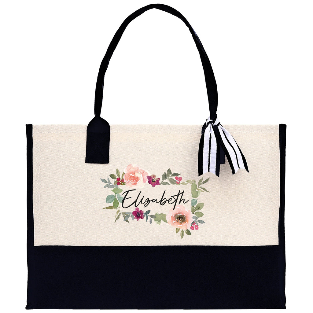 Floral Frame Custom Name Cotton Canvas Tote Bag Personalized Bridesmaid Gift Bag Wedding Birthday Gift Custom Name Tote Maid of Honor Gift