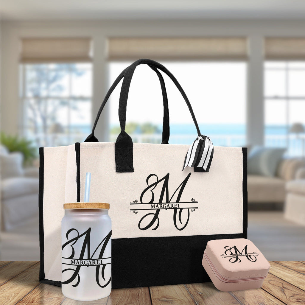 Split Initial and Name Custom Cotton Canvas Tote Bag Personalized Initial Tote Birthday Gift Wedding Gift Jewelry Box Frosted Can Glass Set
