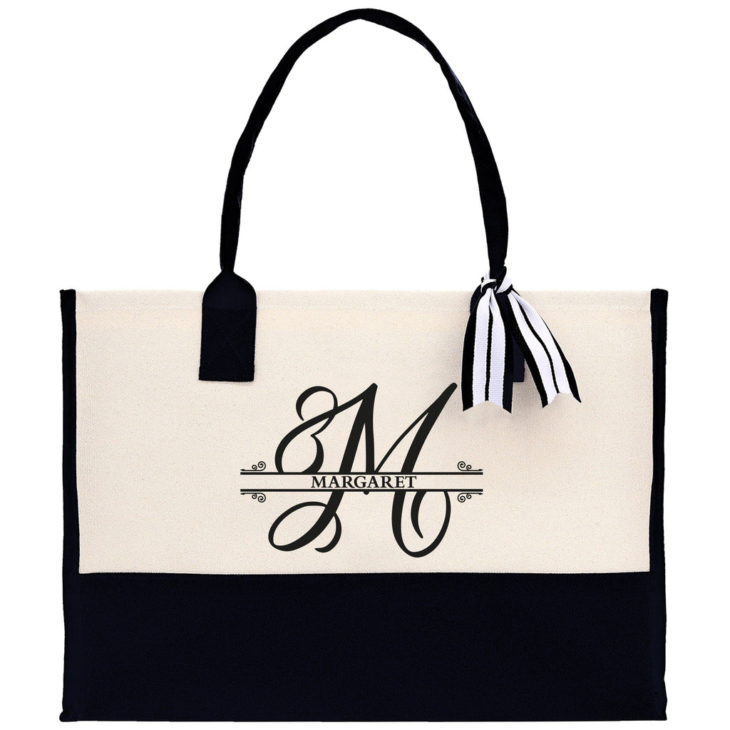 Split Initial and Name Custom Cotton Canvas Tote Bag Personalized Initial Tote Birthday Gift Wedding Gift Jewelry Box Frosted Can Glass Set