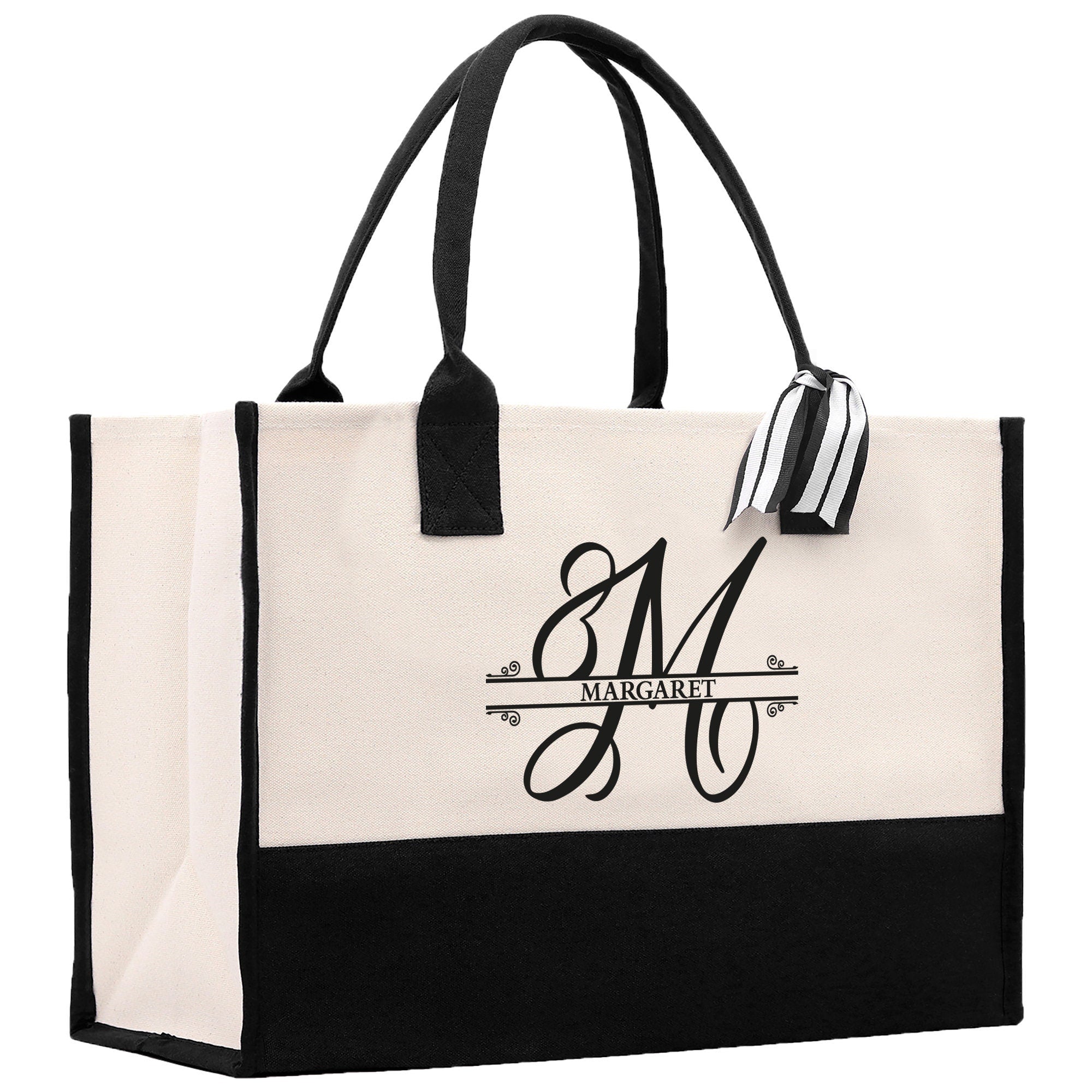 Split Initial and Name Custom Cotton Canvas Tote Bag Personalized Initial Tote Birthday Gift Wedding Gift Jewelry Box Frosted Can Glass Set