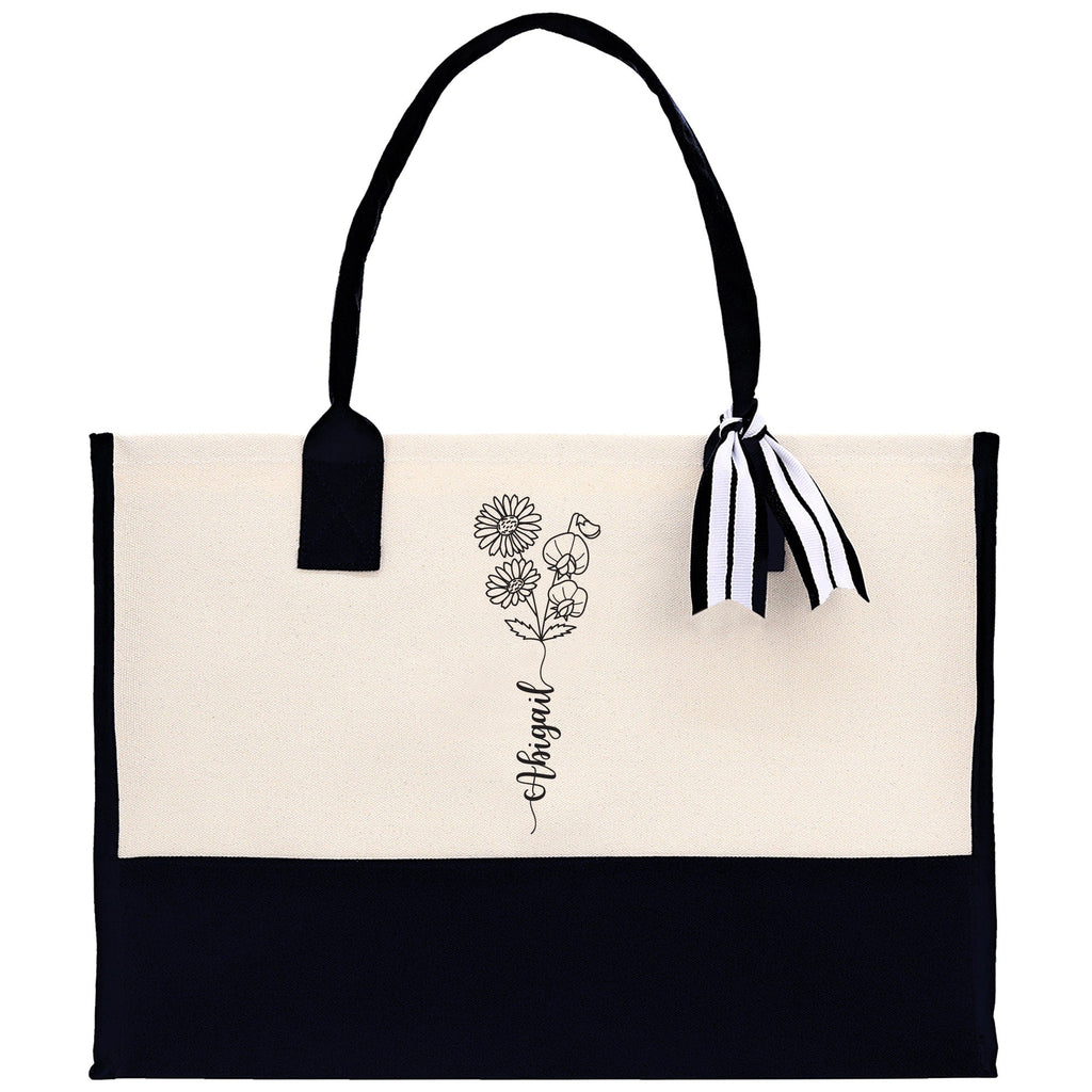 Personalized Kids and Grandkids Name Cotton Canvas Tote Bag Custom Flower Tote Bag Gift for Mom Gift for Grandma Birth Month Grandkids Name