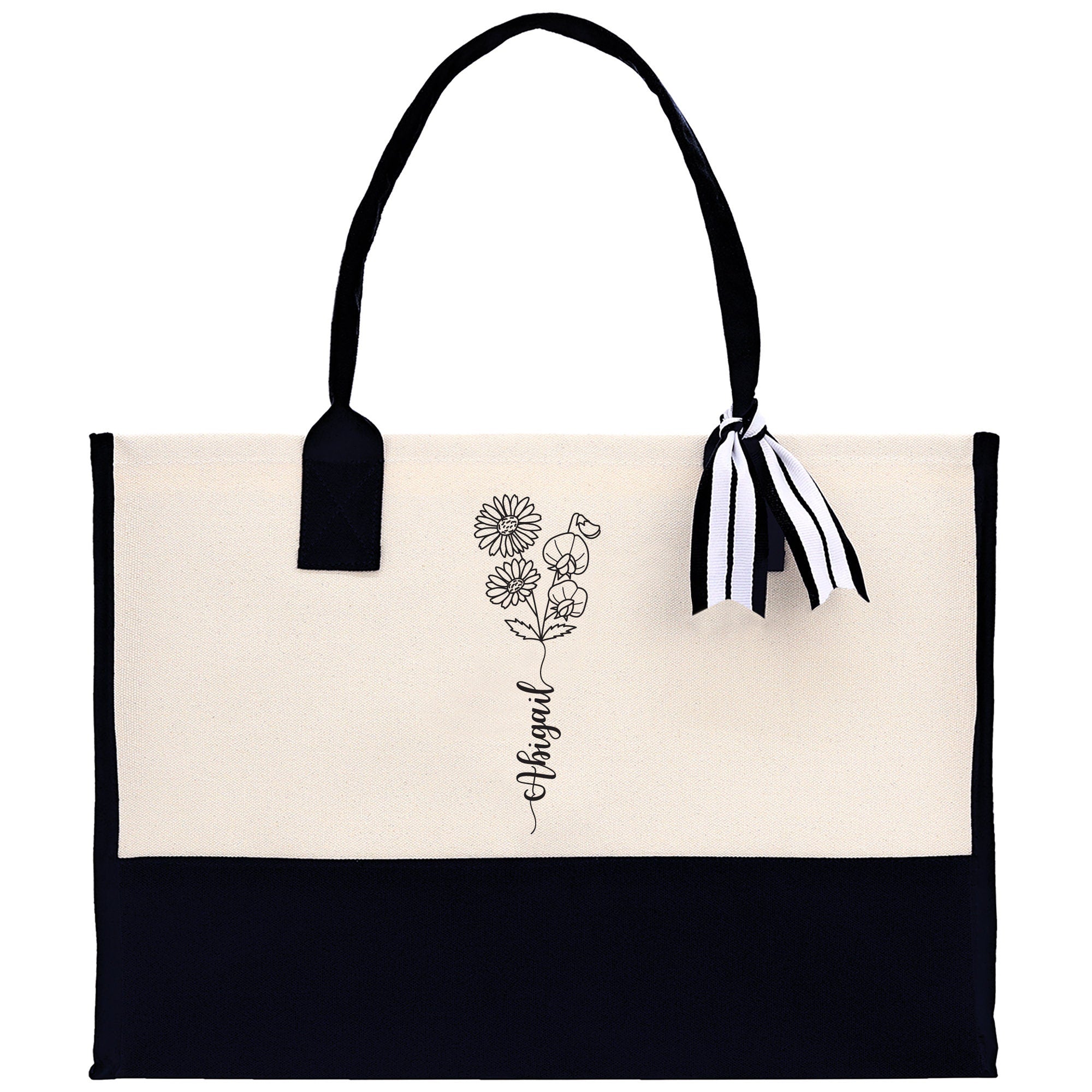 Personalized Kids and Grandkids Name Cotton Canvas Tote Bag Custom Flower Tote Bag Gift for Mom Gift for Grandma Birth Month Grandkids Name