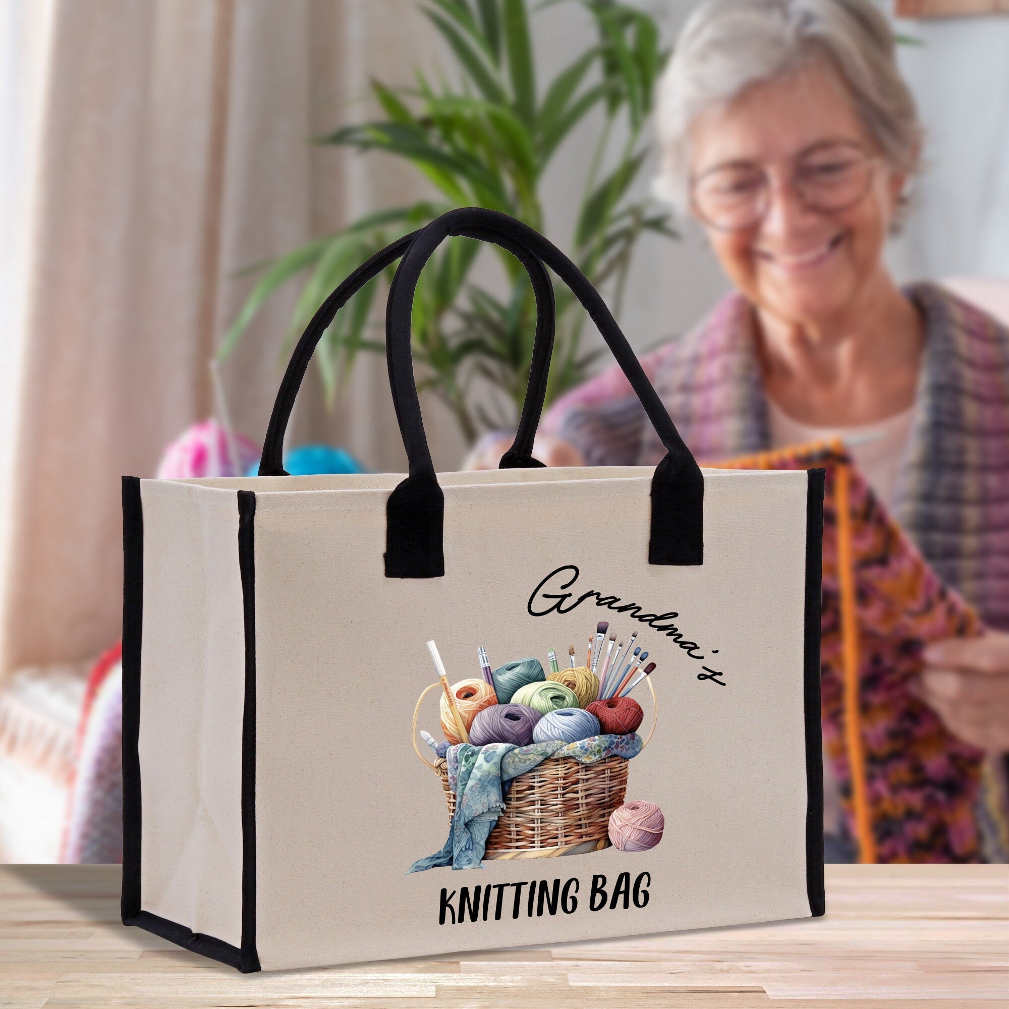 Personalized Knitting Cotton Canvas Tote Bag Custom Grandma Kitting Bag Yarn Custom Crochet Bag Mother's Day Gift Knitting Gift