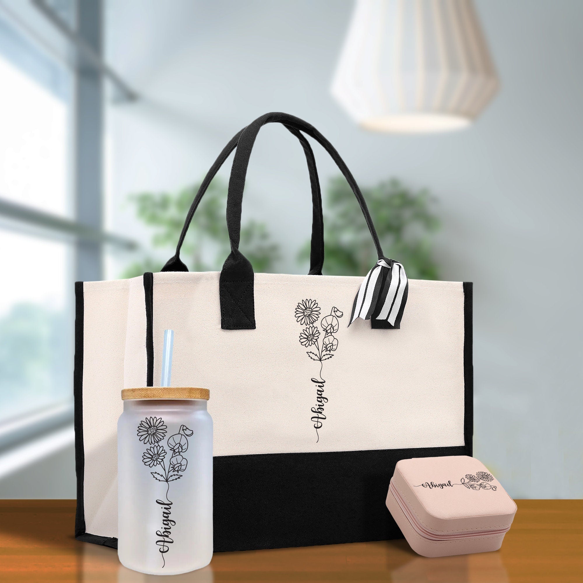 Personalized Kids and Grandkids Name Cotton Canvas Tote Bag Custom Flower Tote Bag Gift for Mom Gift for Grandma Birth Month Grandkids Name