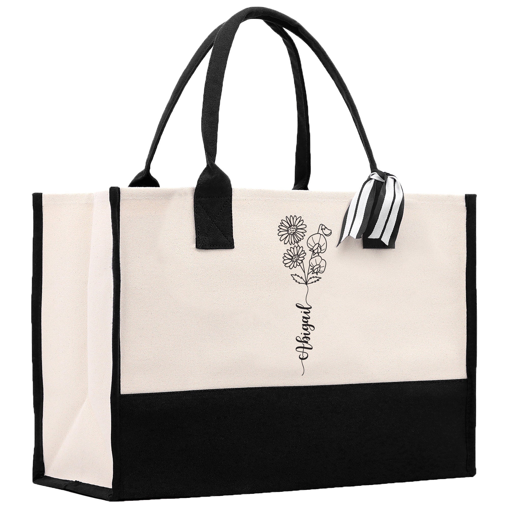 Personalized Kids and Grandkids Name Cotton Canvas Tote Bag Custom Flower Tote Bag Gift for Mom Gift for Grandma Birth Month Grandkids Name
