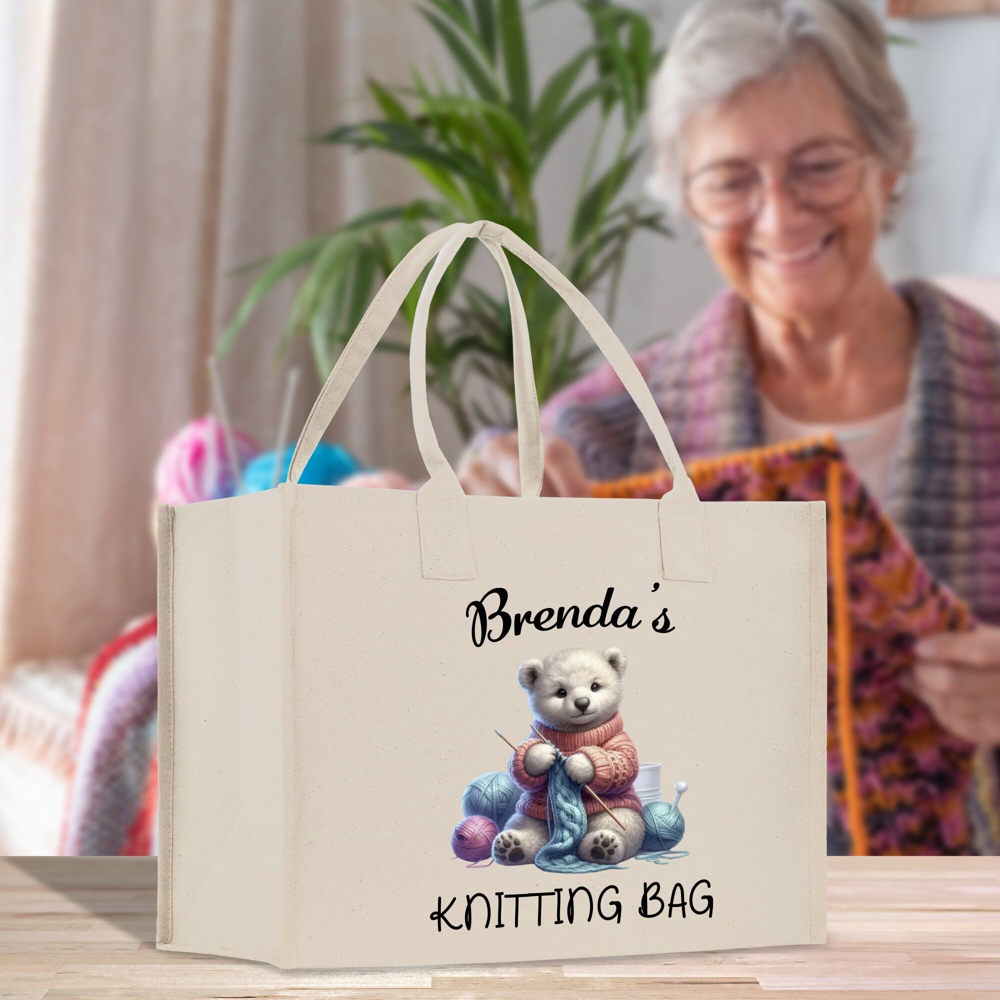Personalized Knitting Cotton Canvas Tote Bag Custom Grandma Kitting Bag Yarn Custom Crochet Bag Mother's Day Gift Knitting Gift