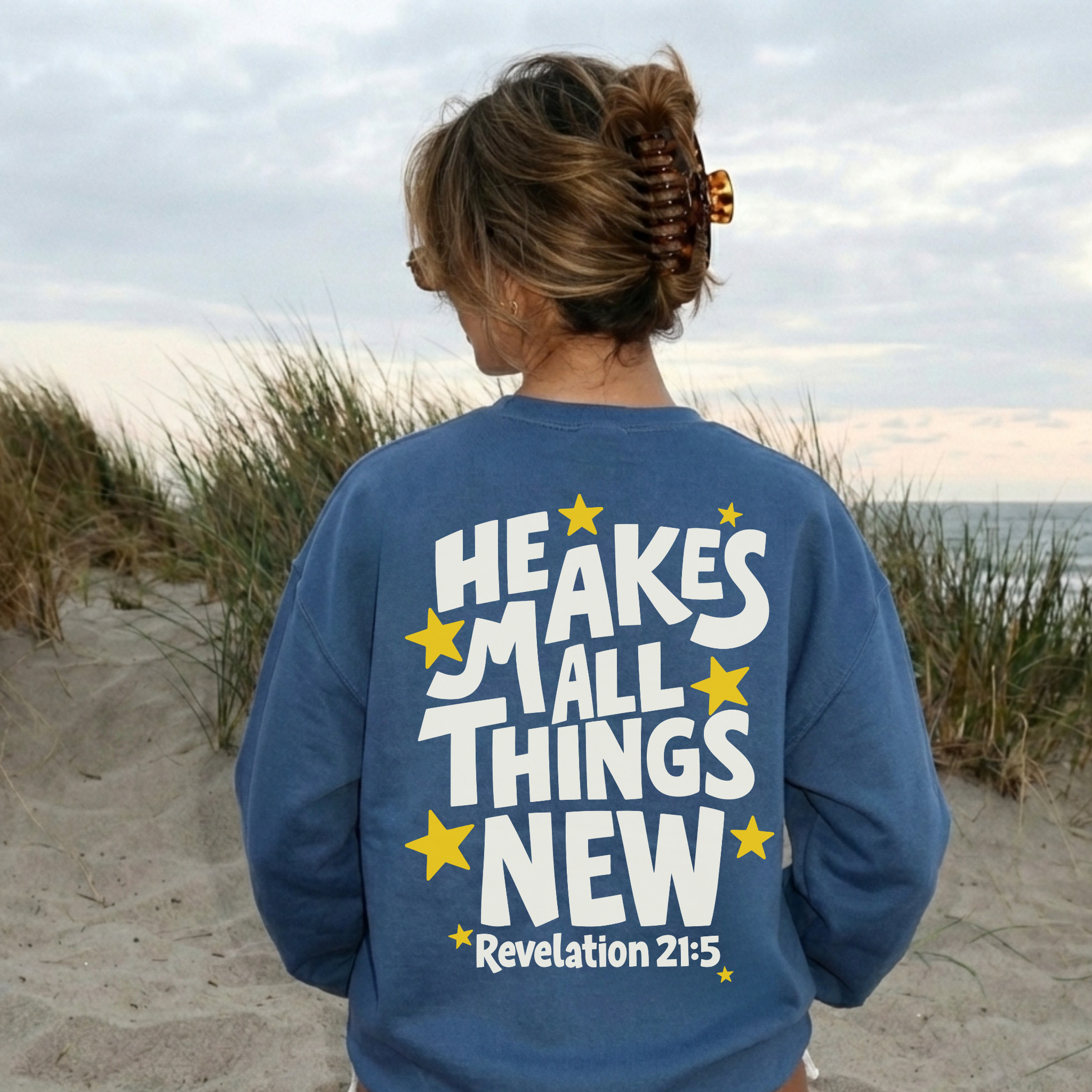He Makes All Things New Crewneck Sweatshirt | Christian Coastal Graphic Sweatshirt | Revelation 21:5 Faith Pullover