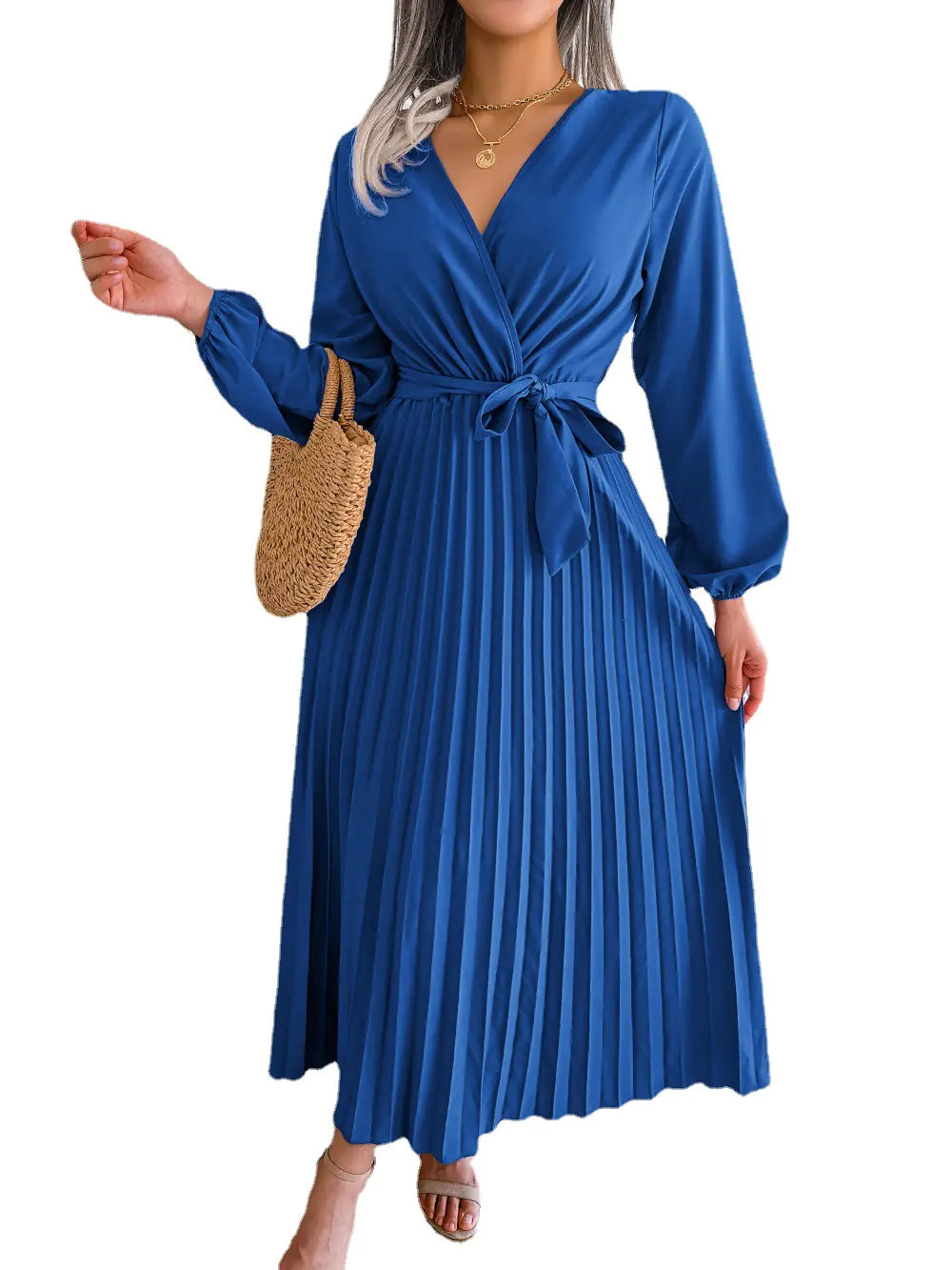 Spring/Summer Cross V-Neck Pleated Maxi Dress