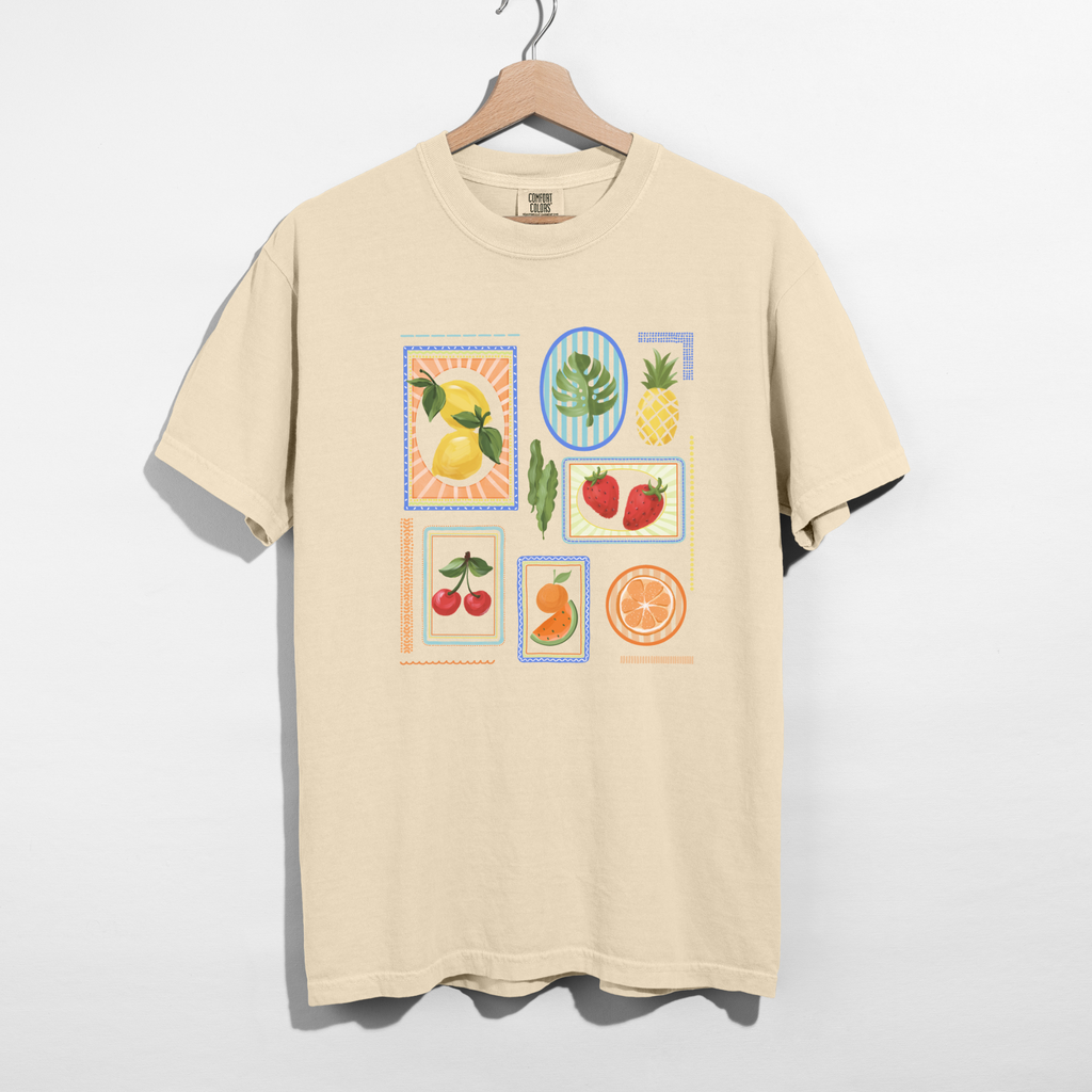 Retro Fruit Block Graphic Tee – Citrus Strawberry Cherry Summer Shirt