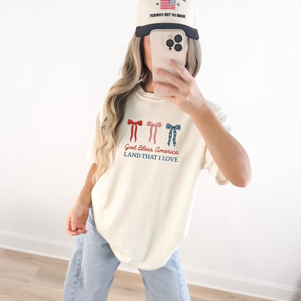God Bless America Bow Graphic Tee – Patriotic Red White Blue Shirt
