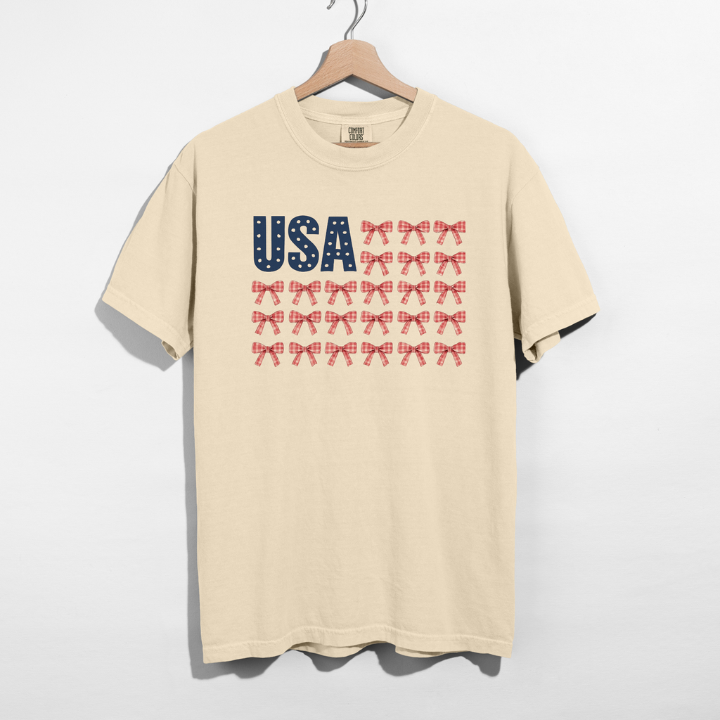 USA Bow Flag Graphic Tee - Patriotic Gingham Bows Shirt