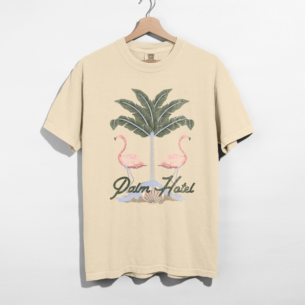 Palm Oasis Flamingo Graphic Tee | Beach Vacation Aesthetic Tee | Summer Resort Style |