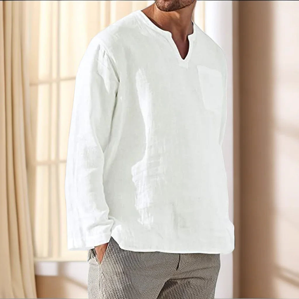 Men's Plus Size Long Sleeve V Neck Beach Linen Shirt