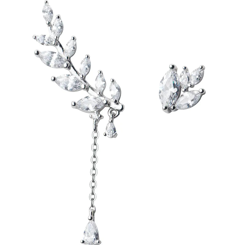 925 Silver Asymmetrical Earrings with Diamond Leaves
