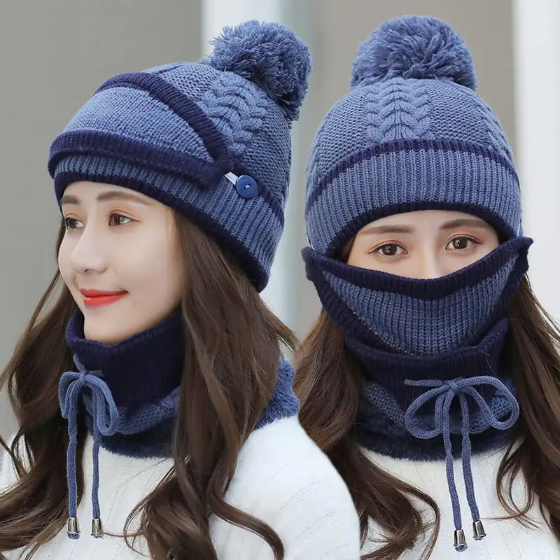 Women's Warm Knitted Beanie Hat and Scarf Set (3pcs)