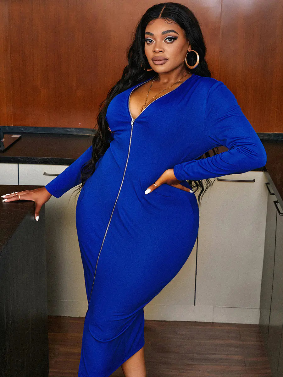 Plus Size V Neck Long Sleeve Zipper Dress XL-5XL