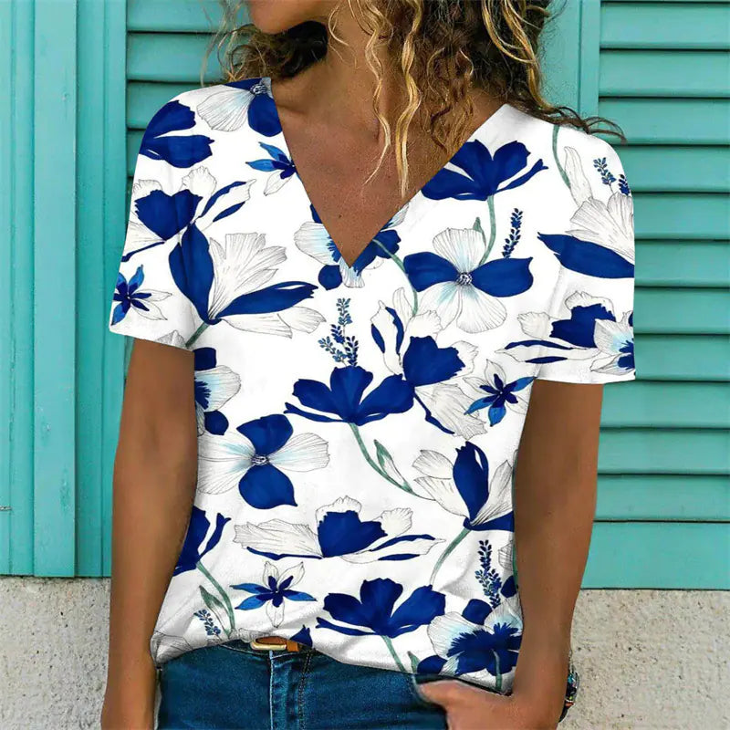Women's Casual V-Neck T-Shirt with Floral Print