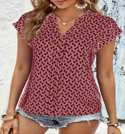 Women's Geometric Print V-Neck Short Sleeve Blouse