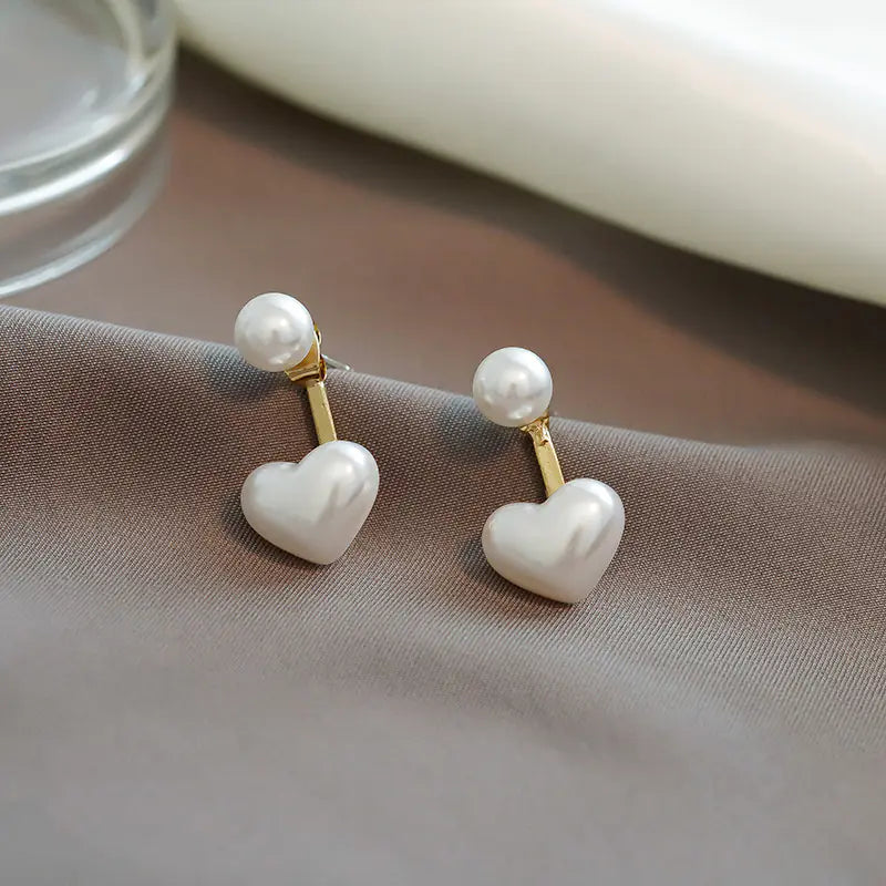 925 Silver Simple Heart Pearl Stud Earrings