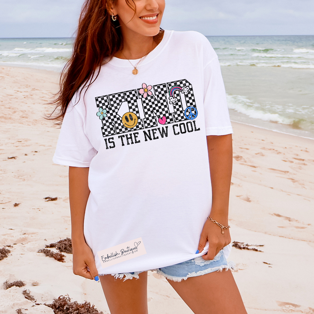 Kind is the New COOL - groovy checkered tee in White or Natural