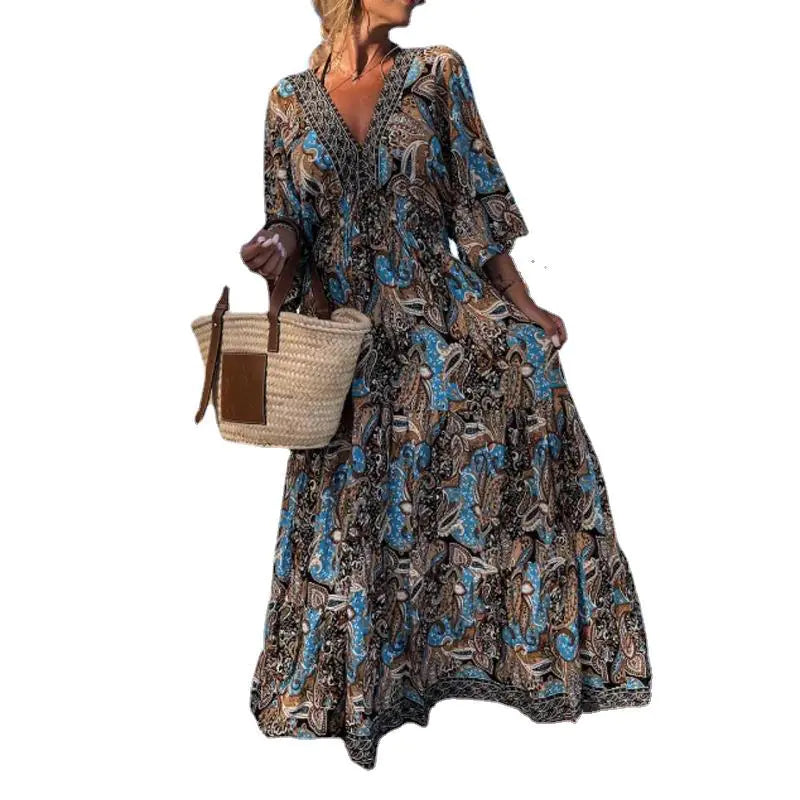 Bohemian Style V-Neck Floral Maxi Dress for Women
