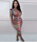 Colorful Striped V Neck Maxi Dress for Summer (One Piece)