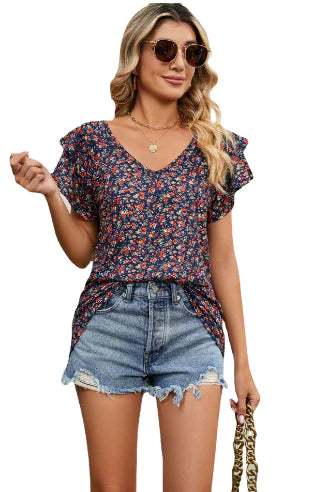 Casual Women's V Neck Ruffle Sleeve T-Shirt Blouse