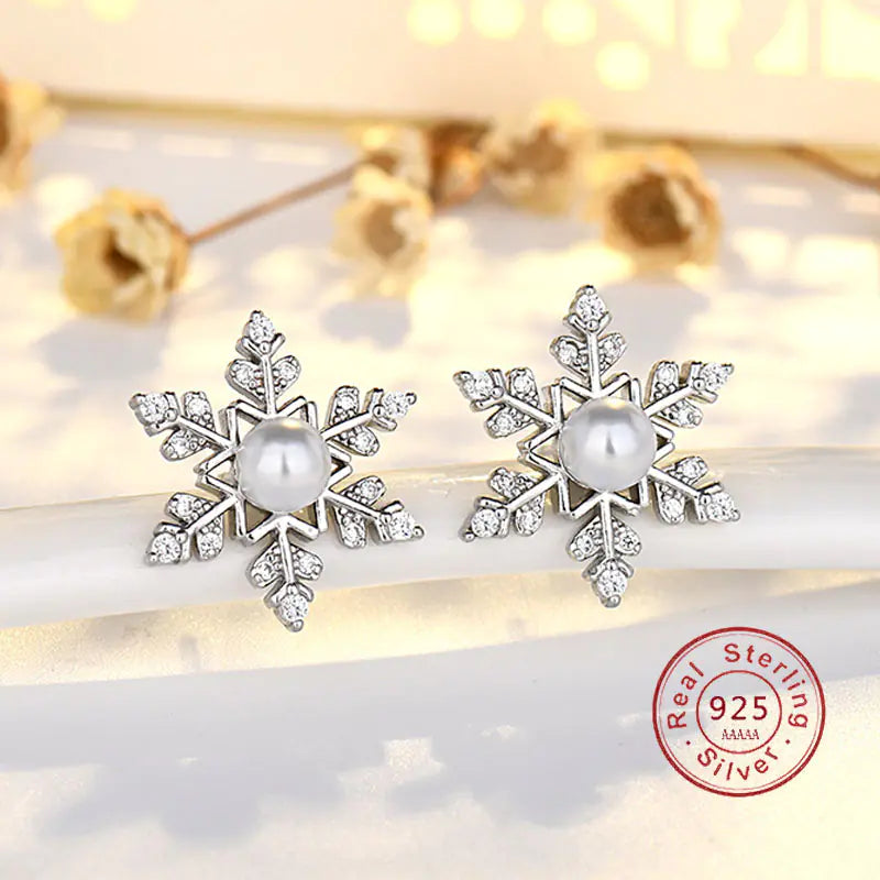 Sterling Silver Snowflake Earrings with Zircon and Pearl