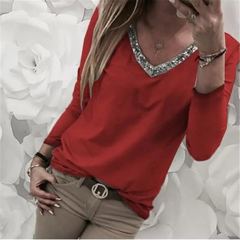 Plus Size Women's Sequin Long Sleeve V Neck T-shirt