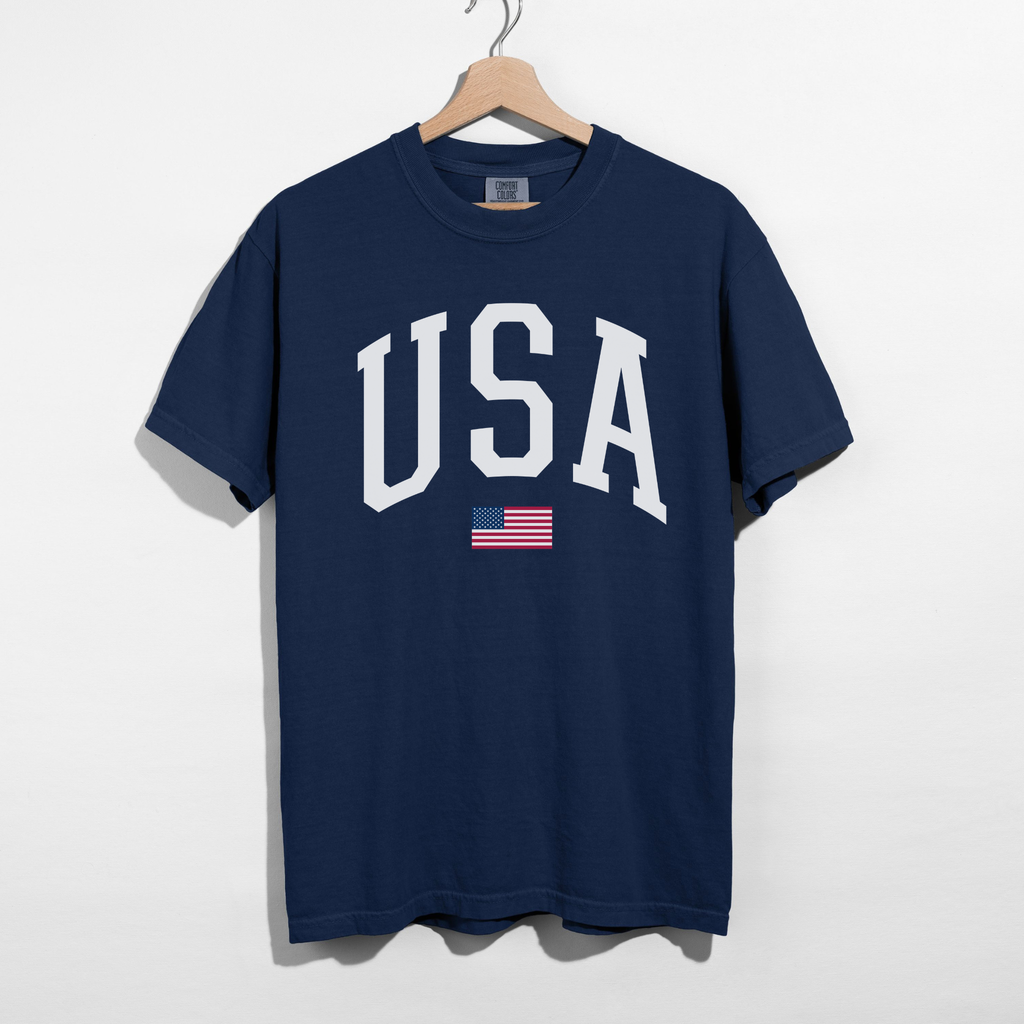 USA Varsity Graphic Tee – White Letter Patriotic Shirt