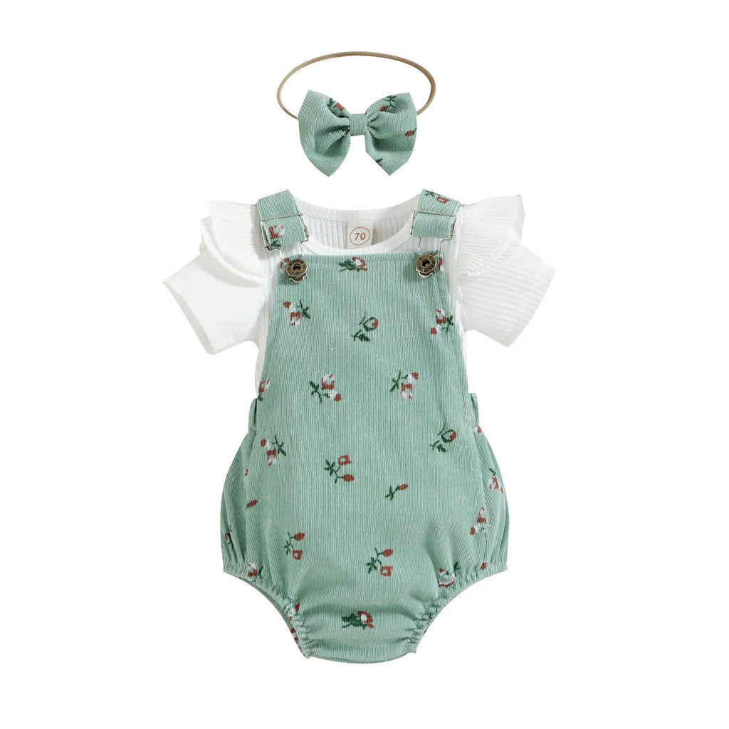 Girls' Floral Corduroy Suspender Pants Set with Headband