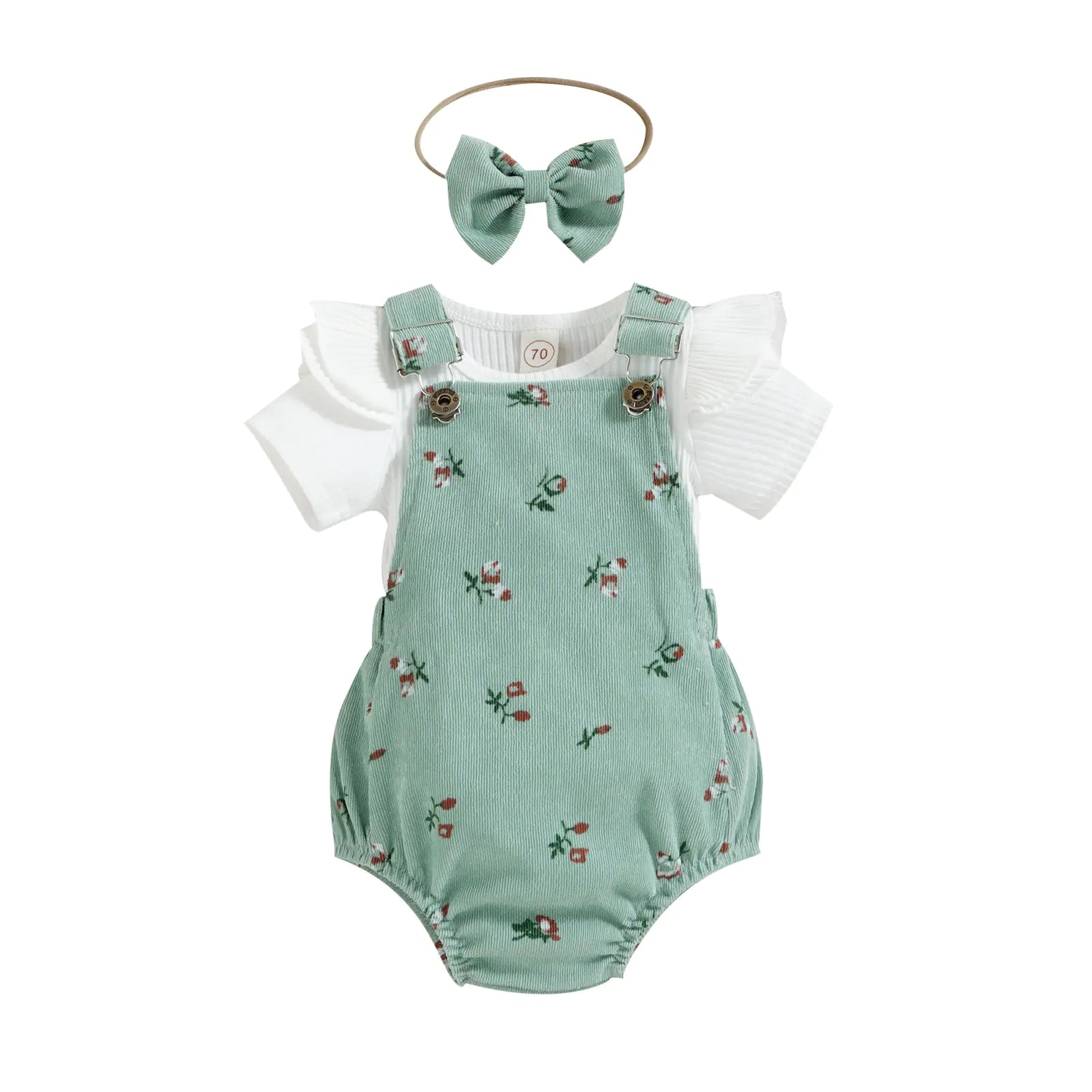 Girls' Floral Corduroy Suspender Pants Set with Headband