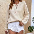 Solid Button Pullover Women's Round Neck Sweater