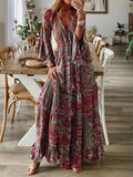 Bohemian Floral Print Maxi Dress with V-Neck