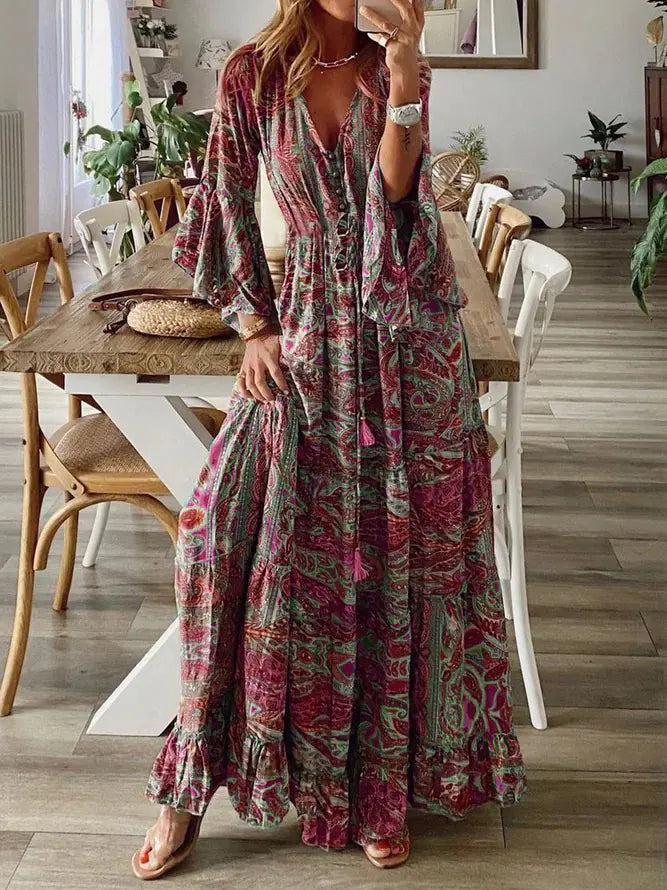 Bohemian Floral Print Maxi Dress with V-Neck