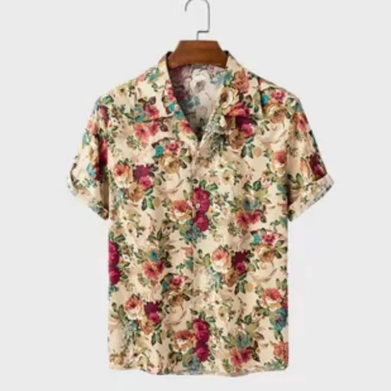Men's  Floral Print Cotton-Linen Short Sleeve Shirt
