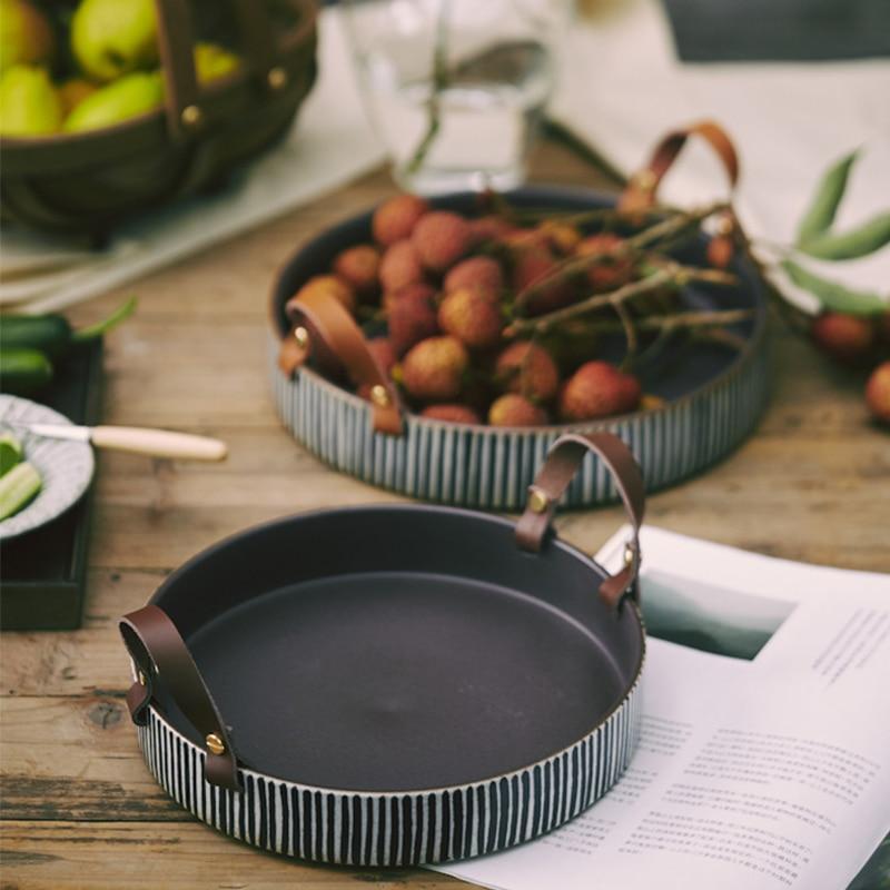 Exclusive Striped Ceramic Plate with Leather Handle