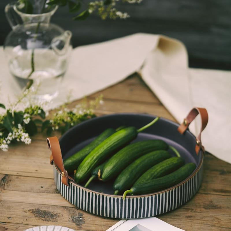 Exclusive Striped Ceramic Plate with Leather Handle