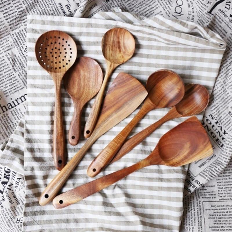 Modern Thailand Natural Teak Wood Utensils Set of 7