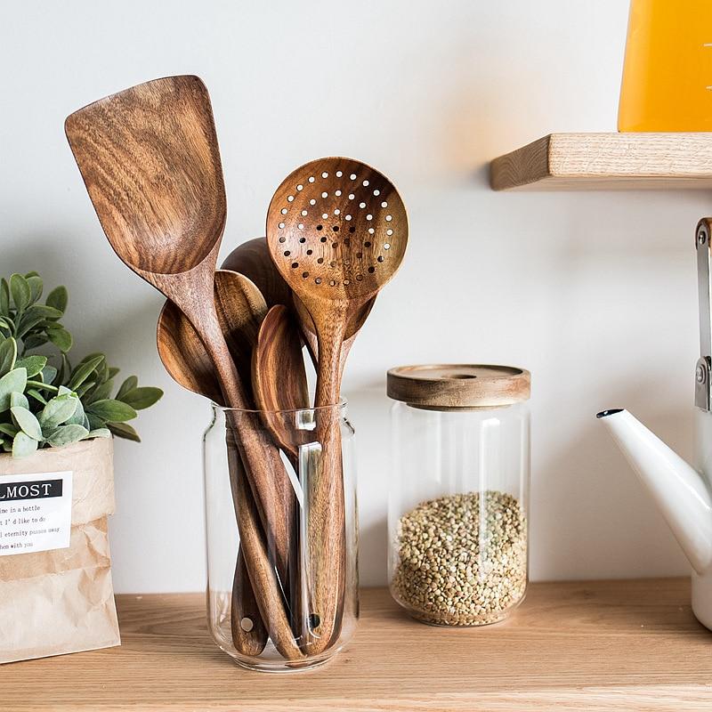 Modern Thailand Natural Teak Wood Utensils Set of 7