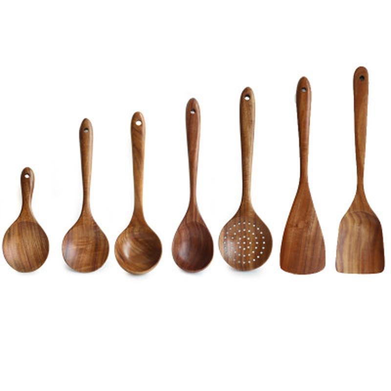 Modern Thailand Natural Teak Wood Utensils Set of 7