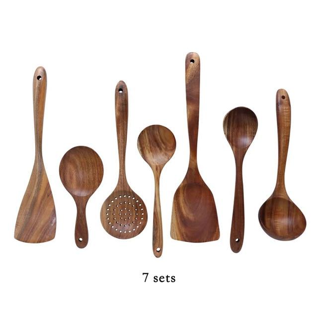 Modern Thailand Natural Teak Wood Utensils Set of 7