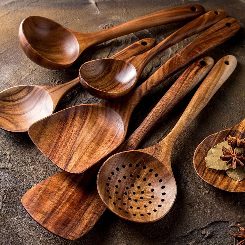 Modern Thailand Natural Teak Wood Utensils Set of 7