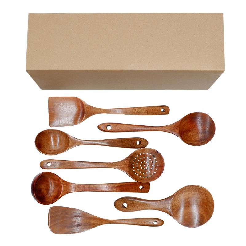Modern Thailand Natural Teak Wood Utensils Set of 7