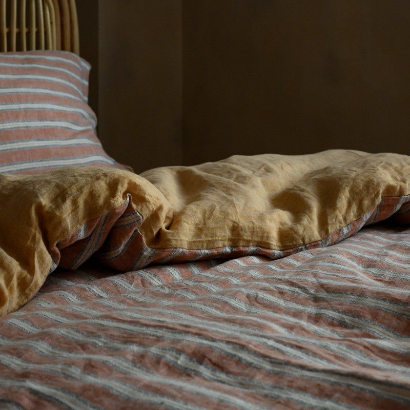 PeachPuff Vertical Stripes 100% Linen Duvet Cover Set