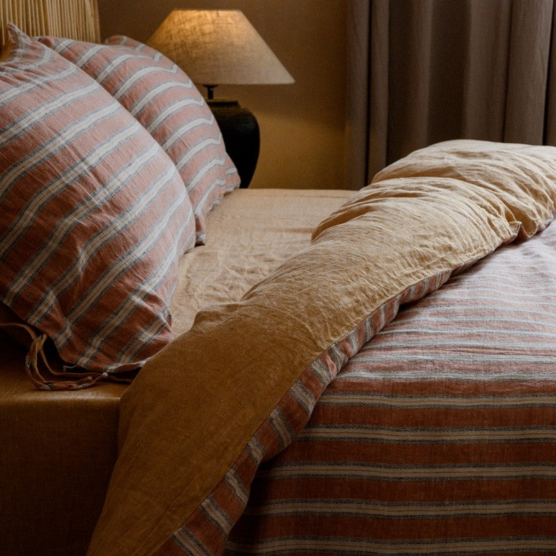PeachPuff Vertical Stripes 100% Linen Duvet Cover Set